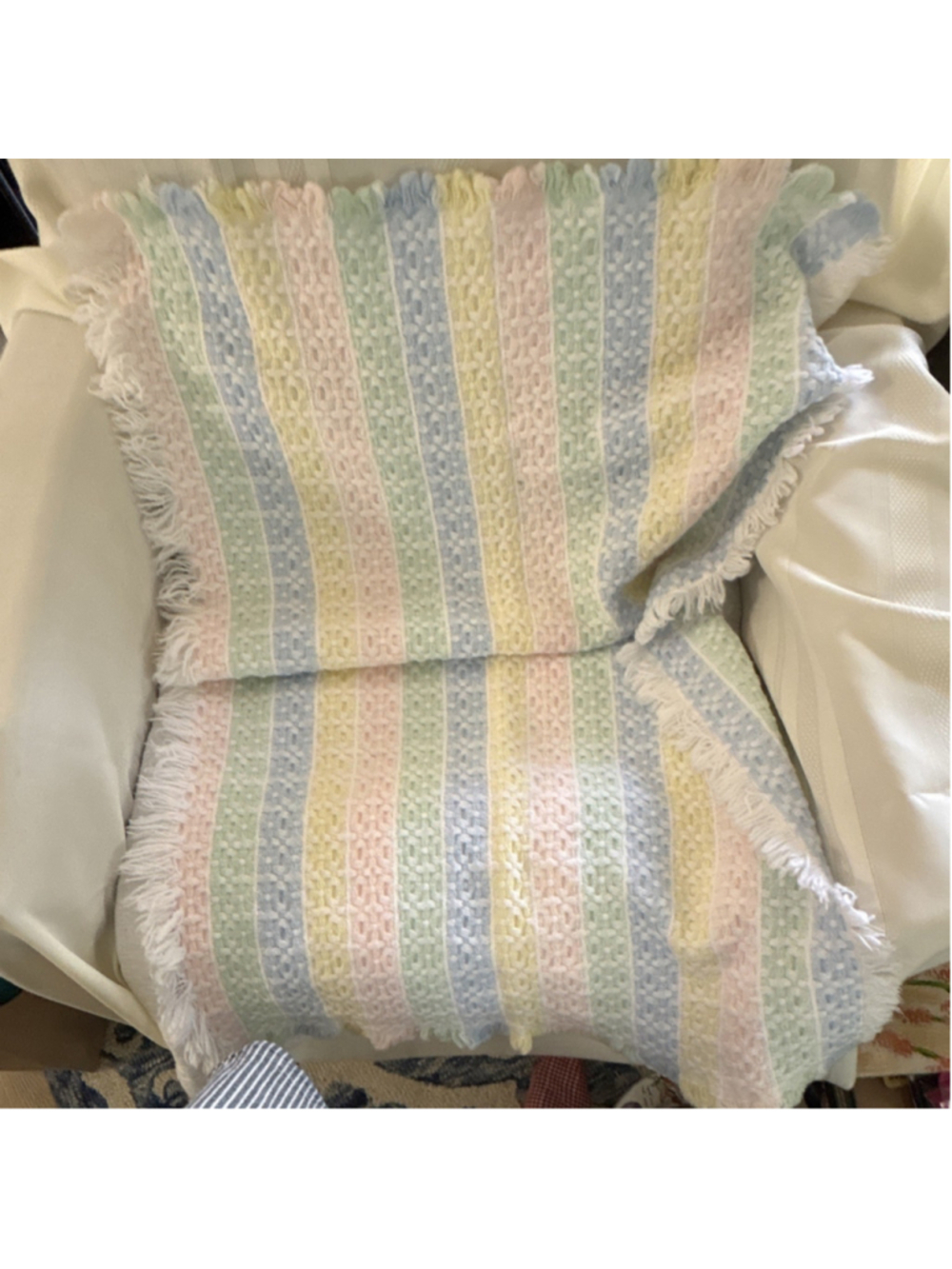 Pastel Striped Acrylic Knitted Crib Blanket with Fringe for Nursery - Picture 3 of 3